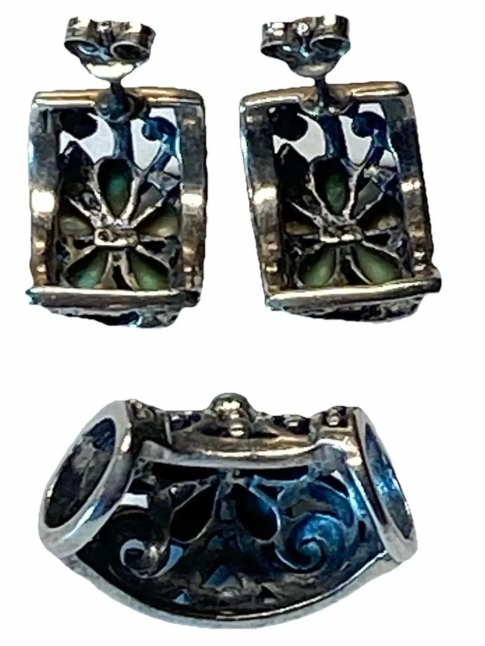 Vtg STH Sterling Silver Turquoise & Mother of Pearl Flower Slide Earrings Set